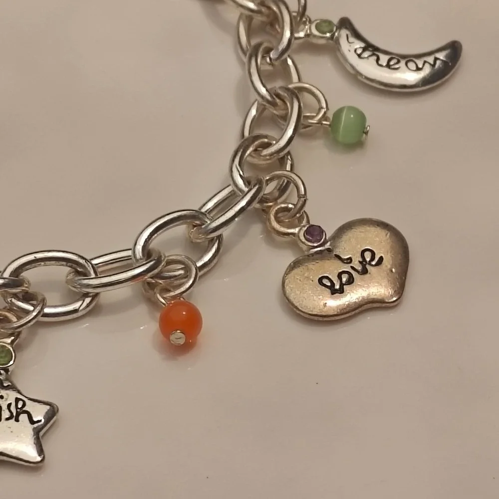 Silver Tone Inspirational Charm Bracelet Love Wish Dream Hope Believe Glass Bead